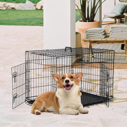 FDW 30 inch Dog Crate Dog Kennel Cage with Double Door Folding Metal Wire Dog Cage with Removable Tray&Divider Panel,Pet Crate for Medium Dogs,Black