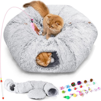 Odoland Cat Tunnel Bed with 20 Cat Toys - Indoor Plush Kitten Couch, Detachable Cats Cave Donut Tunnel & Soft Kitten Toy Set - Cozy Cat Furniture, White