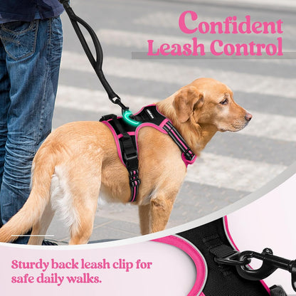 rabbitgoo Dog Harness No Pull with 2 Leash Clips, Adjustable Soft Padded, Reflective Oxford No Choke Pet Vest with Easy Control Handle for Large Dogs, Black & Hot Pink, XL