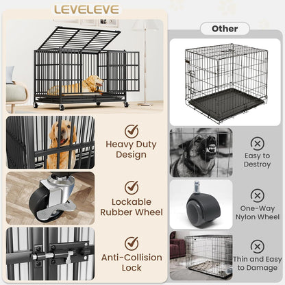 LEVELEVE 38 Inch Heavy Duty Indestructible Dog Crates for Large Dogs，Escape Proof Dog Cage Large Dogs with Lockable Wheels，Dog Kennel Furniture Indoor&Outside