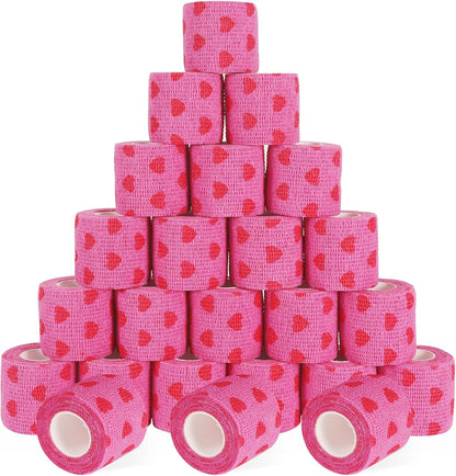 24 Pack Self Adhesive Vet Wrap & Medical Tape, 2 Inch x 5 Yards Cohesive Bandage Wrap - Pink Heart Grip Tape for Ankle, Wrist Sprains, Sports, Pet First Aid