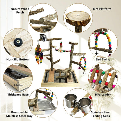 Tfwadmx Bird Playground Natural Wood Bird Play Stands Parrot Perch Stand with Removable Tray Climb Ladders Swing Chewing Toys for Lovebirds Cockatiels Budgies