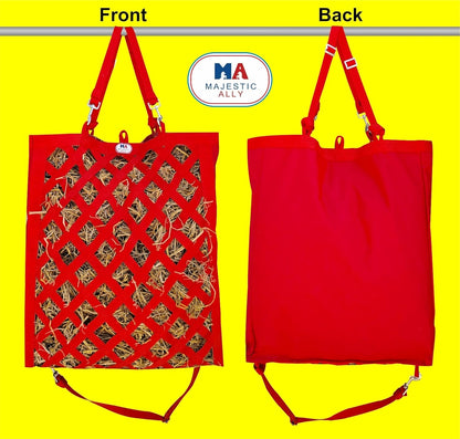 Majestic Ally Premium Nylon Hay Bag for Horses and Livestock, Simulates Grazing, Slow Feeding, Heavy-Duty PP Webbing,Quick-Adjust Straps, Small Hole for Digestion, Multiple Colors (Red)