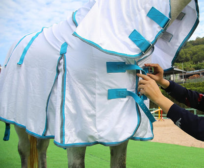 Horse Fly Sheet with Detachable Neck Cover & Belly Wrap, Adjustable Fly Sheet for Horses, Ventilated Airflow Mesh Equine Cooling Summer Flysheet White 72