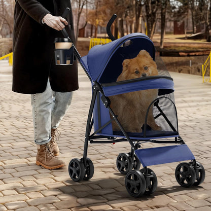 Magshion Compact Pet Stroller for Small-Medium Dogs/Cats up to 22lbs, 4-Wheel Lightweight Umbrella Shaped Portable Puppy Travel Jogger with Breathable Mesh, Cup Holder & Rear Storage, Navy Blue