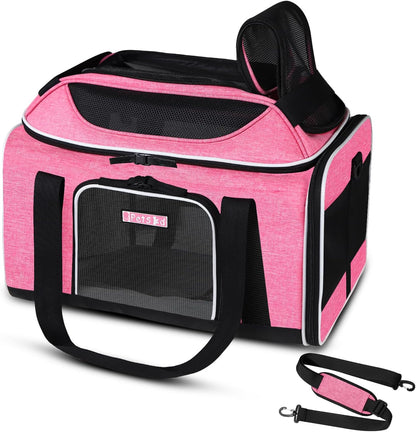 Petskd Top-Expandable Pet Carrier 17x11x9.5 Inches Alaska Airline Approved, Soft-Sided Carrier for Small Cats and Dogs with Locking Safety Zippers and Anti-Scratch Mesh(Pink)