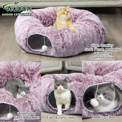 AUOON Cat Tunnel Bed for Indoor Cats - Circle Peekaboo Cat Cave with Washable Mat for Indoor Cats Kitten Kitty Puppy Rabbit Ferret (Rosiness)