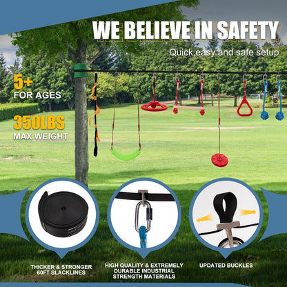 Slsy 60FT Ninja Warrior Obstacle Course (13 Obstacles), Ninja Slackline Kit for Kids, Durable Playset Equipment with 13 Most Complete Set-Monkey Bar,Swing, Balance Belt, Climbing Ladder & Net