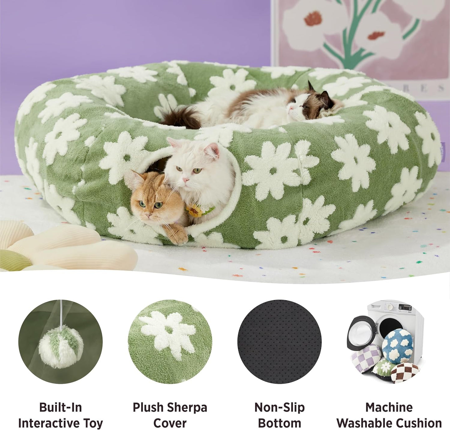 Lesure Large Cat Tunnel Bed - Cute Donut Bed for Indoor Cats with Washable Circle Cushion, Round Pet Peekaboo Cave Toy for Multi Kitten/Puppy/Rabbit, Large Green