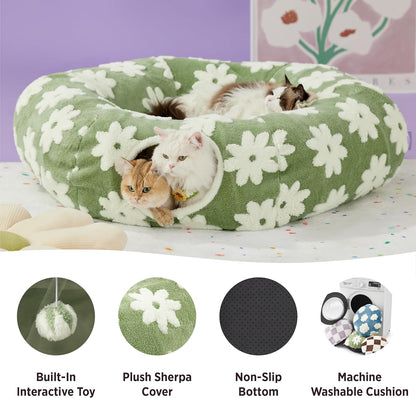 Lesure Large Cat Tunnel Bed - Cute Donut Bed for Indoor Cats with Washable Circle Cushion, Round Pet Peekaboo Cave Toy for Multi Kitten/Puppy/Rabbit, Large Green