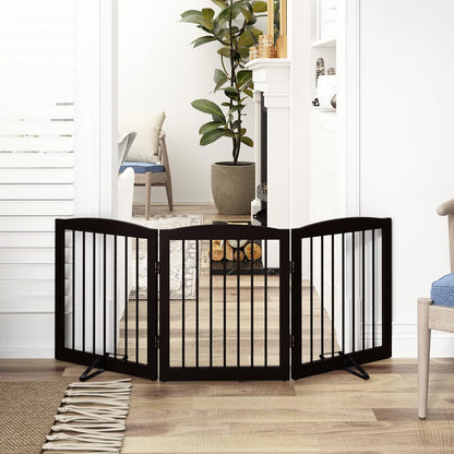 Freestanding Pet Gate for Dogs, Foldable Wooden Dog Gate for House, Indoor Dog Gate for Doorways, Stairs, Gates for Dogs Indoor, Support Feet Included, 24" Height 3 Panels, Brown