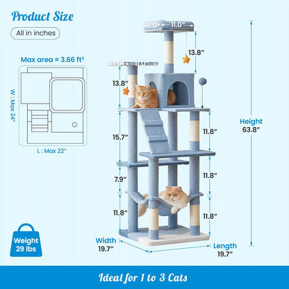 MWPO Ocean-Themed Cat Tree for Indoor Cats, 63.8 Inches Multi-Level Tower with Sisal-Covered Scratching Posts, Padded Platform, Hammock, Dangling Toys, Stable Condo Pet Play House, Blue