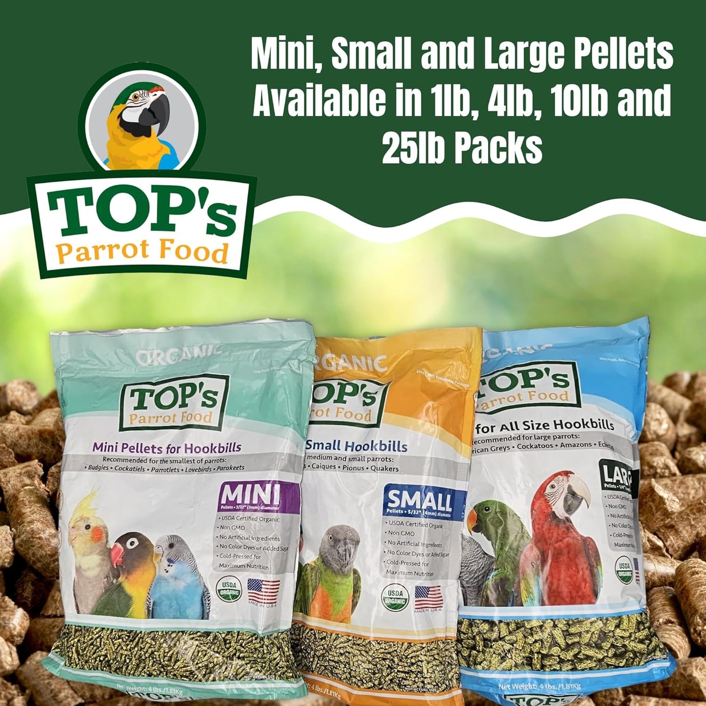 TOP's Parrot Food Bird Pellets for Small Hookbills - Non-GMO, Peanut Soy & Corn Free, USDA Organic Certified - 25 lb Bag