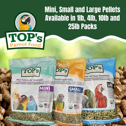 TOP's Parrot Food Pellets Hookbills, Small, Medium and Large Parrots - USDA Organic Certified - 25 lb / 11.33 kg