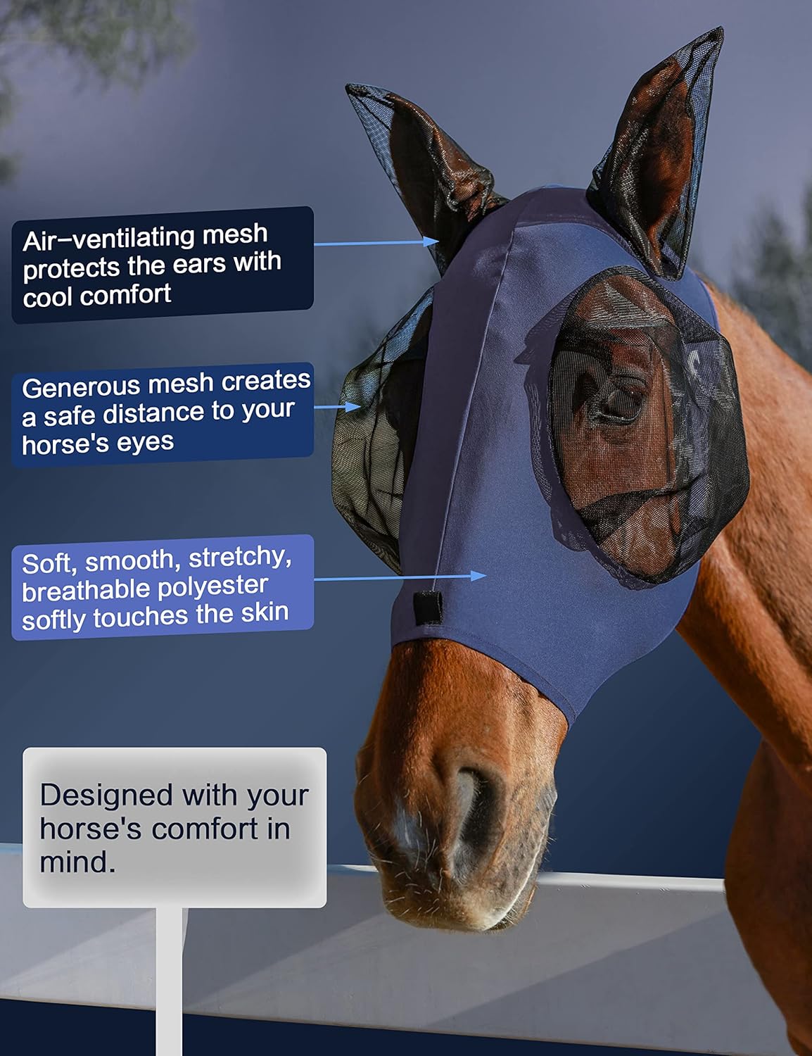 Horse Fly Mask with Ears, UV Protection Mask for Horses, Elasticity Mask with Big Mesh Eye Covers, Snug Fitting Comfortable Breathable Lightweight Navy Cob