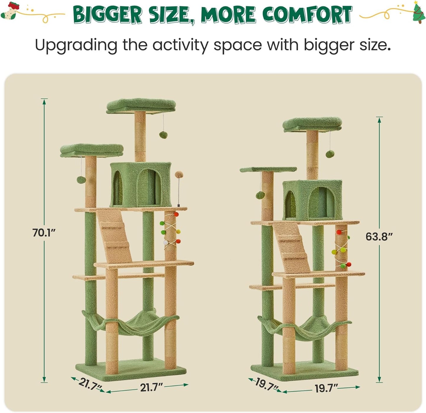 MWPO 70.1-Inch Green Large Cat Tree, Multi-Level Tall Cat Tower for Indoor Cats, Plush Cat Condo with Big Padded Perches, Sisal-Covered Scratching Posts, Hammock, Toys for Kittens & Cats