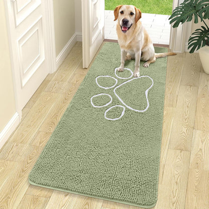 OLANLY Door Mat for Muddy Dog Paws 70x24, Ultra Absorbent Chenille Mud Doormat with Paw Print Design, Non-Slip Washable Doormat for Indoor Entryway, Quick-Dry Pet Bed Mats for Dirty Dogs, Sage Green