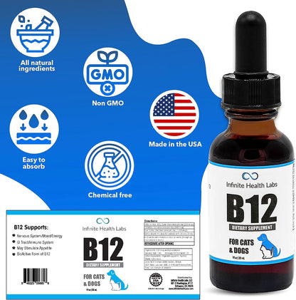 Liquid Vitamin B-12 for Dogs and Cats - Vet Formulated - Effective for All Animals Methylcobalamin (Methyl B12) - Energy, Appetite and Mood - Made in USA
