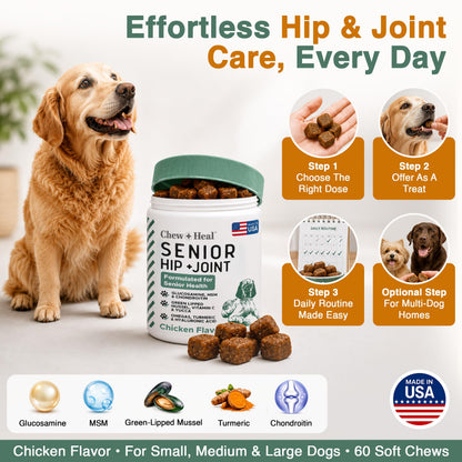 Glucosamine for Senior Dogs Hip and Joint Supplement. Chosen for real quality, fits naturally into