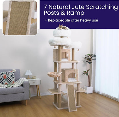 Catry 74.5" High 7-Level Extra Large Cat Tree with 2 Condos,2 Hammock,3 Washable Top Beds, Scratching Ramp Pad, Replaceable Scratching Posts, for Multi-Cat Homes (Light Brown &White)