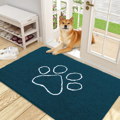 OLANLY Door Mat for Muddy Dog Paws 48x30, Absorbent Chenille Mud Doormat with Paw Print Design, Non-Slip Washable Doormat for Indoor Entryway, Quick-Dry Pet Bed Mats for Dirty Dogs, Atlantic Blue