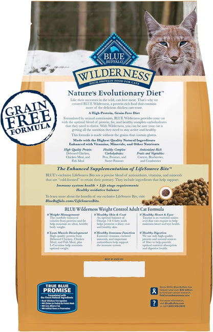 Blue Buffalo Wilderness High-Protein, Grain-Free Natural Dry Food for Adult Cats, Weight Control, Chicken, 11-lb Bag