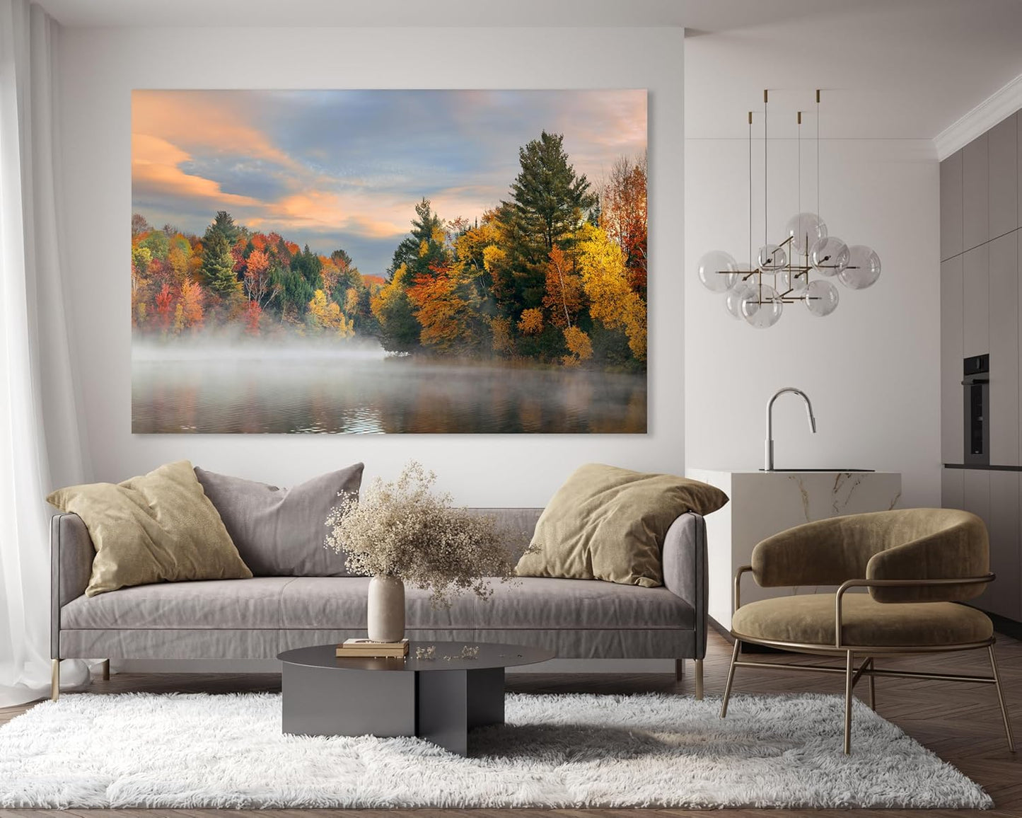 Nature Wall Art Prints - Ocean Forest Mountain Lake Canvas Landscapes - Small to Extra Large Living Room Bedroom Kitchen Bathroom Décor (Misty Fall Reflection, 28L" x 41W")