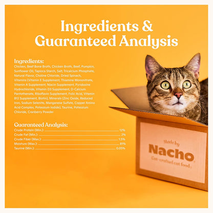 Made by Nacho Flaked Filets Recipe in Bone Broth, Grain-Free Chef's Selects Wet Food for Cats Balanced Diet in Naturally Hydrating Pumpkin-Infused Broth (3.0 oz (Pack of 12), Chicken & Beef)