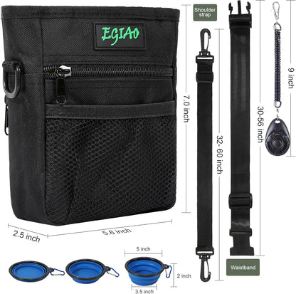 Dog Treat Pouch with Collapsible Dog Bowl, Training Clicker and Poop Bags, Treat Pouches for Pet Training, Built-in Poop Bag Dispenser, Waist Belt Clip, Puppy Treat Pouch Magnetic Closure - Black