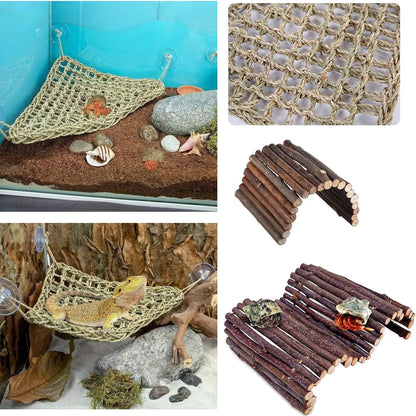 Bearded Dragon Tank Accessories Set: Reptile Habitat Decor with Climbing Hammock Toys, Natural Wood Hideout for Hermit Crab, Lizard, Leopard Gecko,Crested,Tortoise, Snake