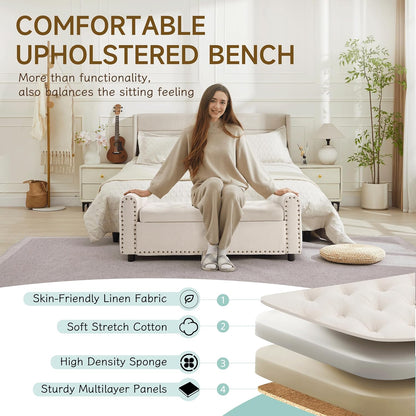 Ottoman with Storage, Tufted Storage Bench for Bedroom, 48" Fabrics End of Bed Bench, Upholstered Entryway Shoe Benches with Rolled Arm & Inner Zipper, Window Ottomans Chest with Rivets, Beige
