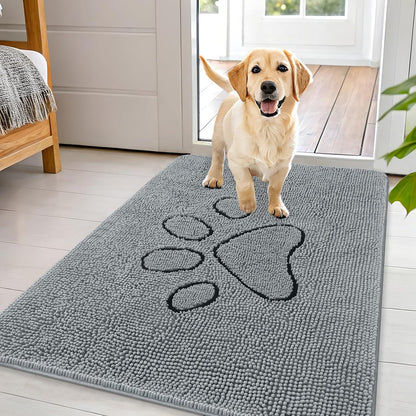 OLANLY Door Mat for Muddy Dog Paws 44x32, Ultra Absorbent Chenille Mud Doormat with Paw Print Design, Non-Slip Washable Doormat for Indoor Entryway, Quick-Dry Pet Bed Mats for Dirty Dogs, Grey