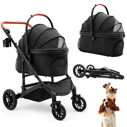 Pet Stroller with 4 Wheels, Foldable Pet Travel Carrier for Small/Medium Dogs Cats up to 50lbs, Detachble Portable Pet Bag, Storage Basket, Car Seat 3 in 1 Multifunctional (Black)