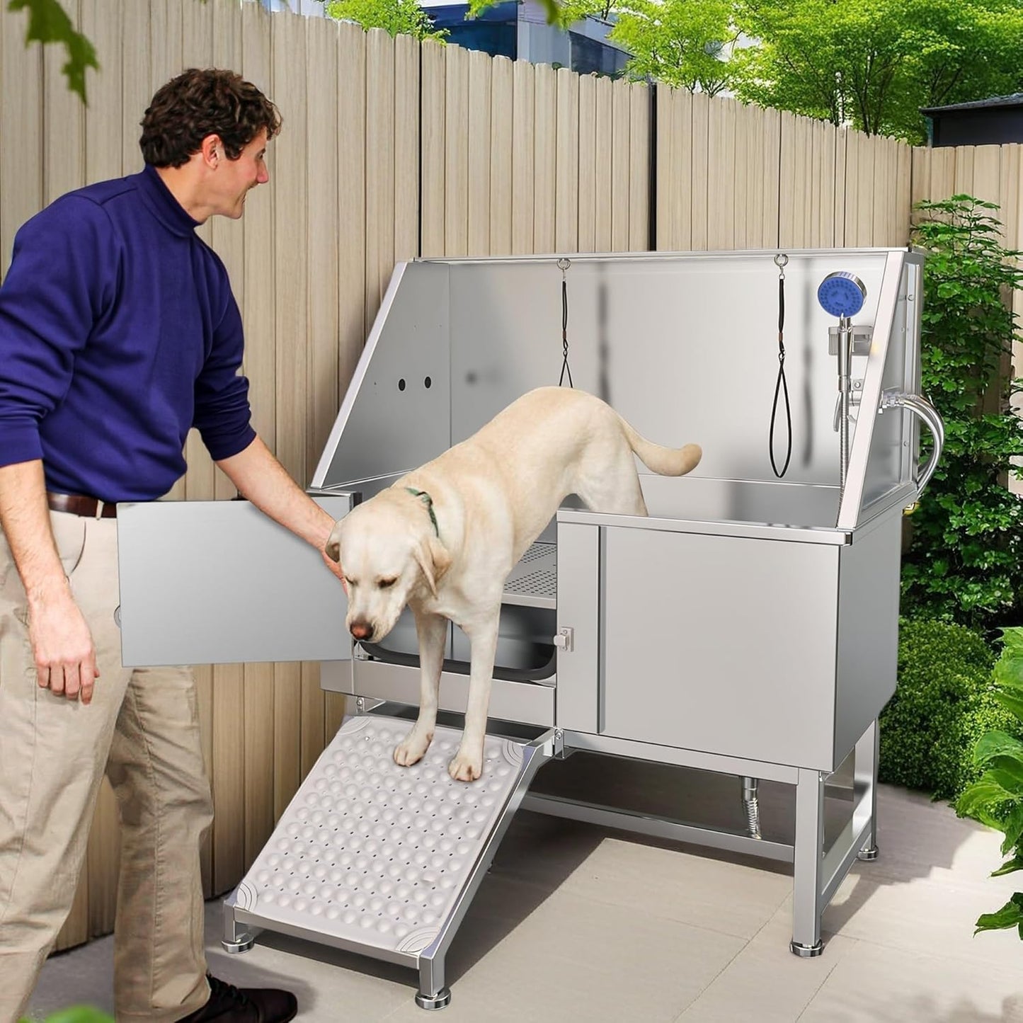 YITAHOME 50in Dog Bathing Station, Professional Stainless Steel 304 Dog Bathtub, Pet Grooming Tub w/Left Ramp, Floor Grate, Faucet, Pet Washing Station for Large, Medium, Small Pets, Indoor, Outdoor