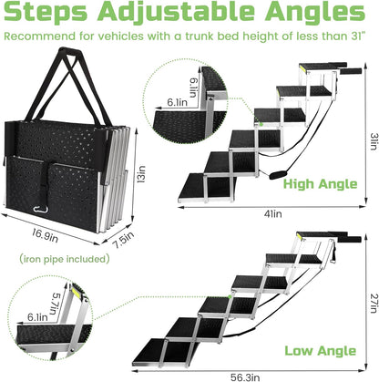 Sturdy 6-Step Aluminum Frame Dog Stair with 1680D PVC Fabric - Non-Slip, Lightweight & Portable - Ideal for Car, SUV, Truck Access - Black (106x80x43cm)