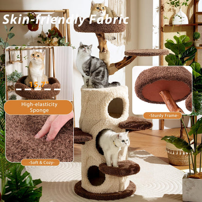 54.7'' Modern Cat Tree for Indoor Cats Large Adult, Wood Cat Tree with 3 Spacious Condos, Luxury Cat Tower with Cozy Perch, Scratching Post, Sturdy Kitty House Furniture for Small Medium Large Cats