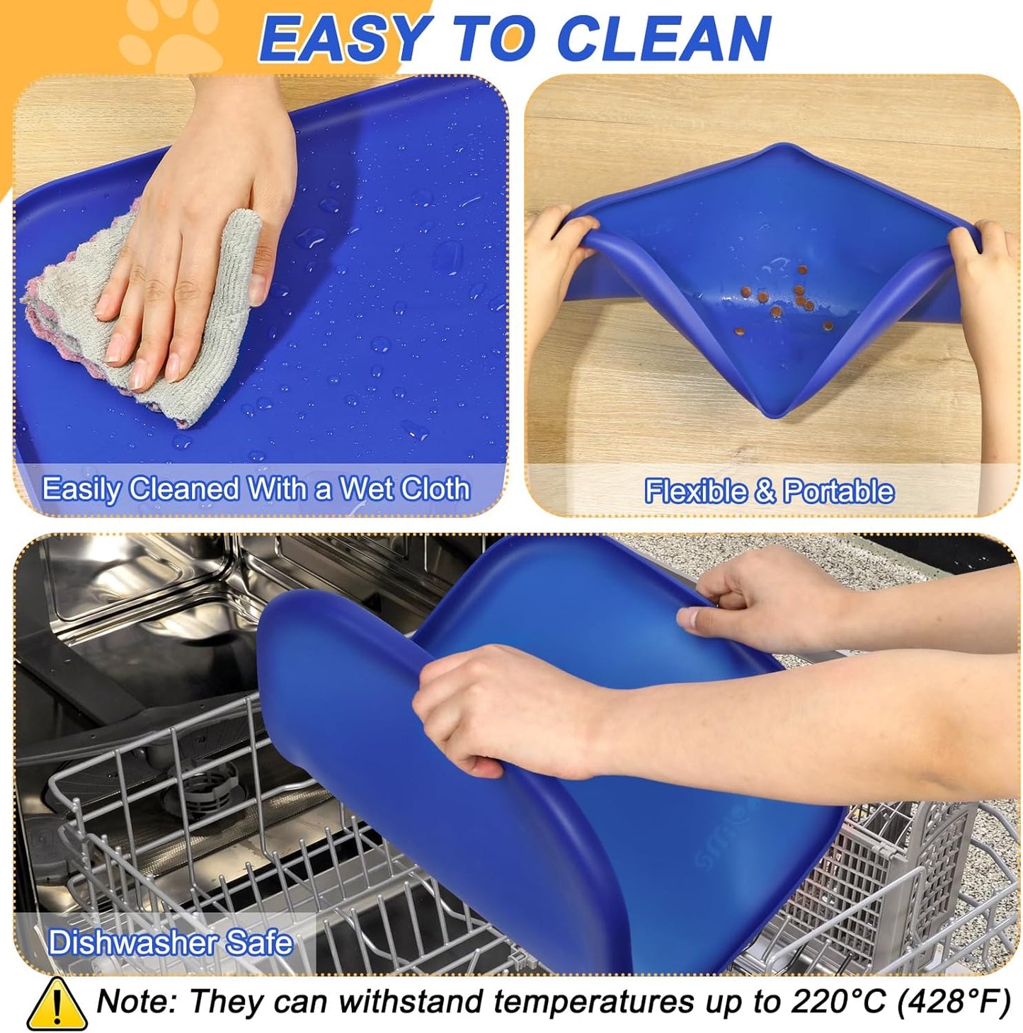 Silicone Pet Feeding Mat with Raised Edge for Food and Water, Dog Bowl Mats, Cat Bowls Placemat with High Lip for Floor Waterproof, Rubber Tray for Cats and Dogs 19 x 12 x0.7 Navy Blue