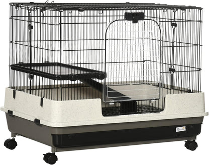 PawHut 26" Small Animal Cage with Wheels, 2-Level Portable Bunny Cage, Chinchilla Ferret Cage with Removable Tray, Platform and Ramp