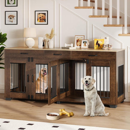 71 Inch Dog Crate Furniture for 2 Rooms, Wooden Double Crate Large Breed with Door, Dog Kennel Indoor, TV Stand End Table with Divider for Large Medium Dogs,Brown