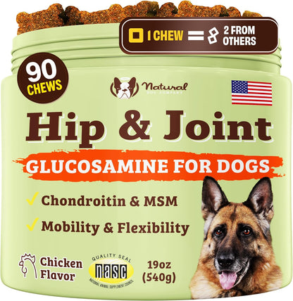 Natural Dog Company Hip & Joint Chews, Chicken Liver & Turmeric Flavor, with Glucosamine Chondroitin for Dogs, Maintains Bone and Joint Health, Supplements for Seniors and Puppies, 90 Count
