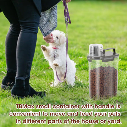 TBMax Small Dog Cat Food Storage Containers 2 Pack, Travel-Friendly Pet Food Container with Spout & Measuring Cup, Kid-Friendly Pet Feeding Dispenser, Portable Dog Treat Bird Seed Container -Grey