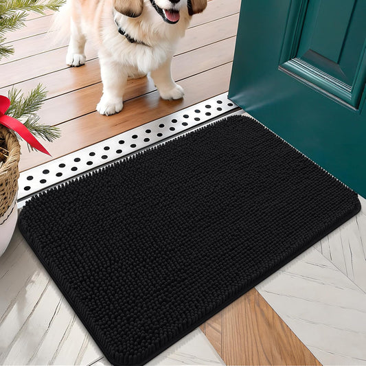OLANLY Dog Door Mat for Muddy Paws 30x17, Absorbs Moisture and Dirt, Absorbent Non-Slip Washable Doormat, Quick Dry Chenille Mud Mat for Dogs, Entry Indoor Entryway Carpet for Inside Floor, Black