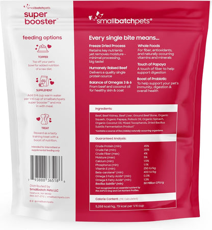 Smallbatch Freeze Dried Dog Treats, Superfood Food Topper Beef Bites for Dogs & Cats, Probiotics, Organic Ingredients, High Protein, Grain Free Healthy Treat Food Topper, Made in The USA, 18 oz Bag