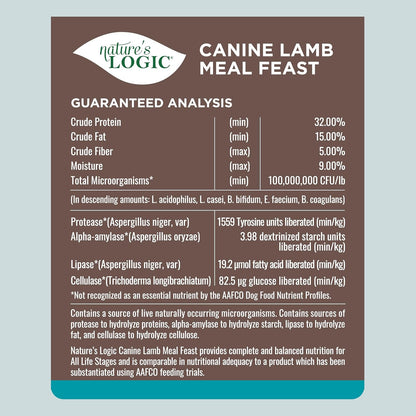NATURE'S LOGIC Dry Dog Food - 100% Natural - No Synthetics - for All Ages, Sizes, Breeds - Free from Common Allergens, High Protein - Lamb Meal Feast, 13lbs