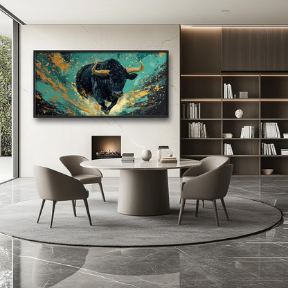 Large Bison Buffalo Wall Art for Living Room, Framed Oversized Bull Wall Decor, Abstract Teal and Golden Canvas Painting Modern Artwork for Living Room Bedroom Office Dining Room 60"x30"