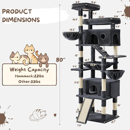 Cat Tree, 80-Inch Large Cat Tower with 9 Scratching Posts, 2 Perches, 2 Caves, 2 Basket, 2 Stairs, Extra Large Hammock, Pompoms, Multi-Level Plush Cat Condo for Indoor Cats/Smoky Grey