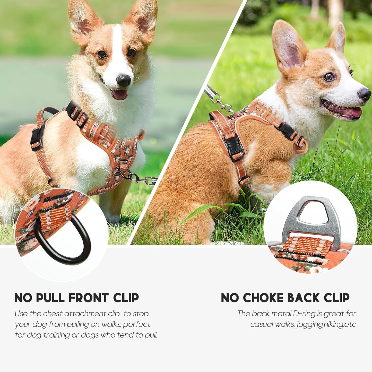 Timos Dog Harness, No Pull Dogs Harness 3 Snap Buckles Adjustable Reflective No Choke Pet Vest for Small Dog with Soft Padded Control Training Handle for Outdoor Training,Flower Orange, S