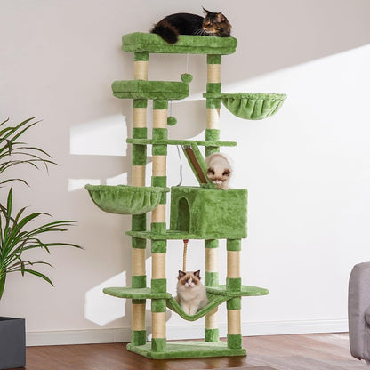 Heybly Cat Tree, 68 inch Multi-Level Cat Tower for Indoor Cats, 2 Widened Plush Perches Cat Condo with Scratching Board and Big Caves, Green HCT025GR