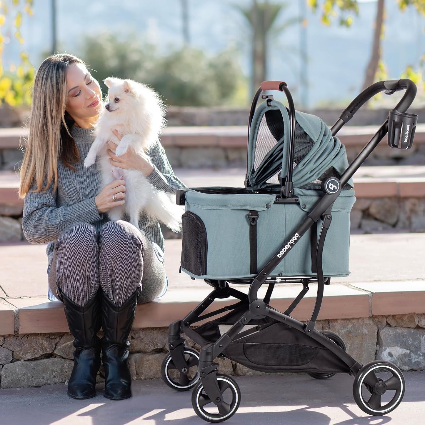 T3 3-in-1 Small Pet Stroller for Dog & Cats, 4 Wheels with Detachable Carrier with Pad, Canopy and Cup Holder (Green)