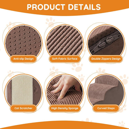 Dogs Steps for Bed, Dog Stairs for Small Dogs, 4-Step Dog Ramp for Bed, Couch, Sofa, and Chairs, Non-Slip Bottom Design, Cat Scratching, High Density Foam Portable Pet Step, Indoor, Coffee